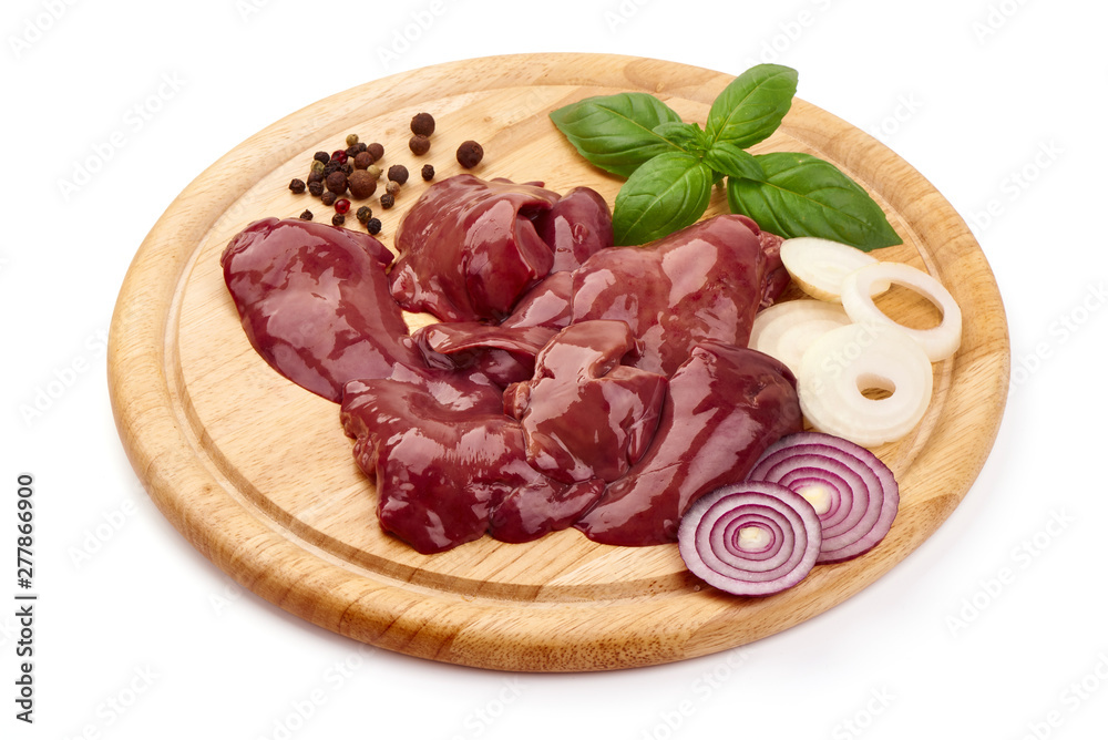 Raw Chicken livers on a cutting board, Fresh offal, close-up, isolated on white background Raw Chicken livers on a cutting board, Fresh offal, close-up, isolated on white background