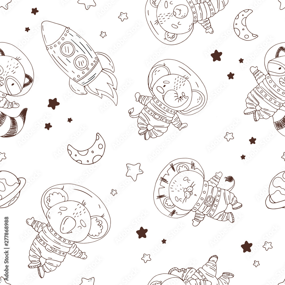 Seamless pattern with cute cartoon rocket, ausrtonaut and planet in space