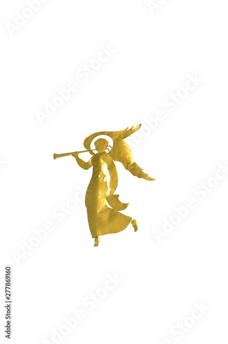 golden angel with a pipe on a pure white background
