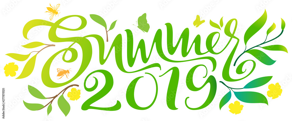 Obraz premium Summer 2019 hand written calligraphy text ornate green leaf