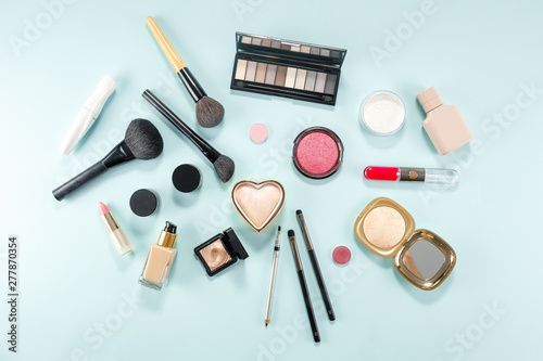 Makeup pattern background of beauty product on colorful background.