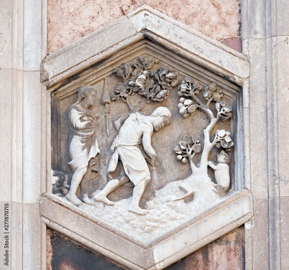 Adam and Eve working after the Fall by Andrea Pisano, 1334-36., Relief on Giotto Campanile of Cattedrale di Santa Maria del Fiore (Cathedral of Saint Mary of the Flower), Florence, Italy 