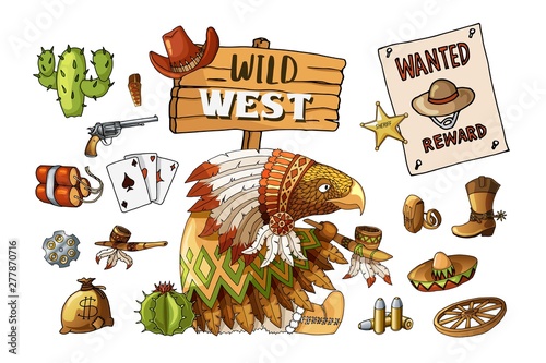 Vector Set Cowboy and Wild West Labels and Sticker Elements in Cartoon Style