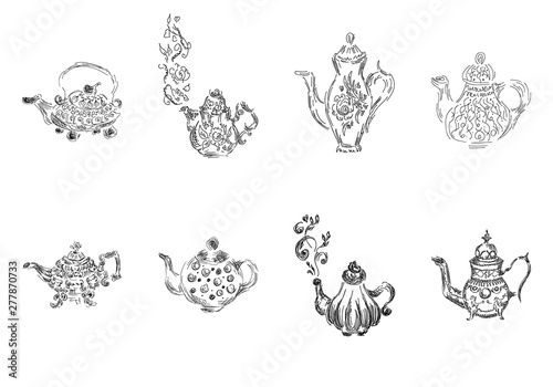 Set of retro hand drawn teapots, great design for any purposes. Teapot hand drawn in chinese style on white background. Retro collection. Kettle icon big set. Isolated vector design