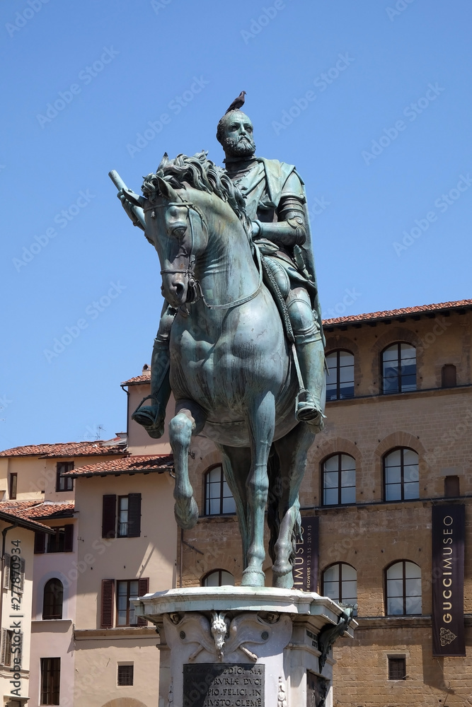 The statue of Cosimo I de Medici on Piazza della Signoria in Florence, Italy 