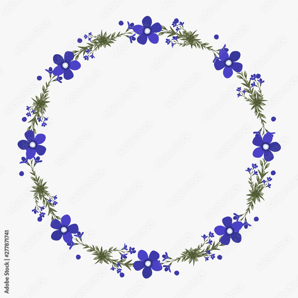 Floral greeting card and invitation template for wedding or birthday anniversary, Vector circle shape of text box label and frame, Purple flowers wreath ivy style with branch and leaves. Floral greeting card and invitation template for wedding or birthday anniversary, Vector circle shape of text box label and frame, Purple flowers wreath ivy style with branch and leaves.