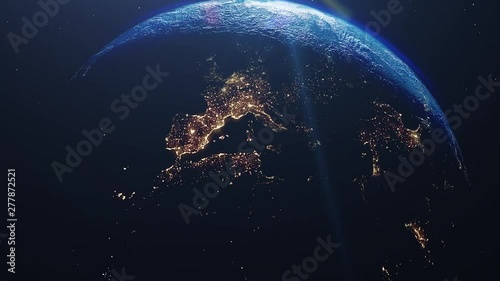 Beautiful sunrise world skyline. Planet earth from space. Planet earth rotating animation. Clip contains space, planet, galaxy, stars, cosmos, sea, earth, sunset, globe. 4k 3D Render. Images from NASA