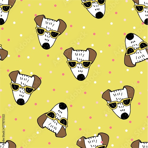 Hand painted seamless pattern with cute dogs. Watercolor bright cartoon dogs on the background. Lovely texture.