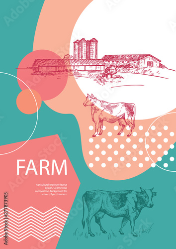 Country landscape. Abstract composition. Cows, barn and grain elevator.