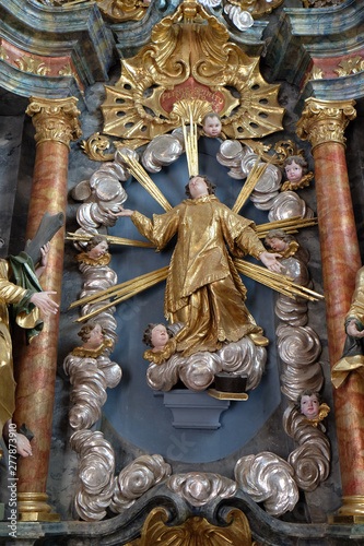 Saint Stephen Protomartyr statue on altar in the Baroque Church of Our Lady of the Snow in Belec, Croatia 
