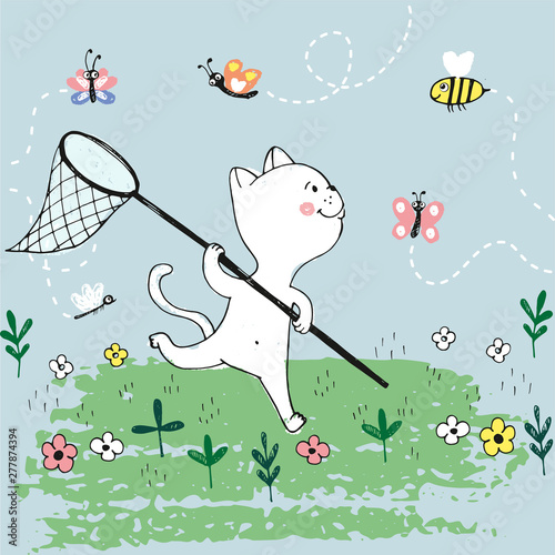 Vector hand drawn illustration of cute white cat catches flying insects with butterfly net, summer day, lovely card drawn with colored crayons
