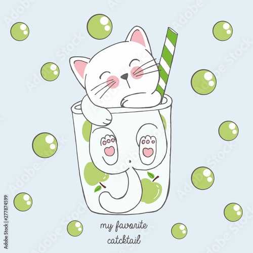 Vector illustration of cute kawaii hand drawn cat in anime style in a glass of apple cocktail with green bubbles, lettering my favorite catcktail, drawing for childrens menu, cocktail party