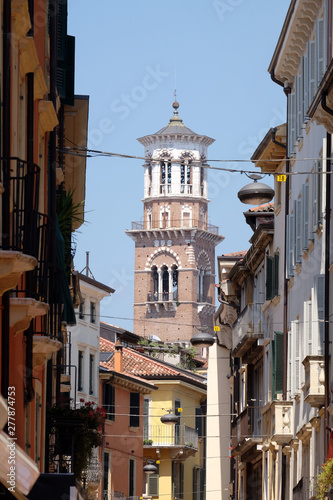 Torre dei Lamberti - medieval tower of the Lamberti XI century - 84 m. Piazza delle Erbe, UNESCO world heritage site in Verona, Italy