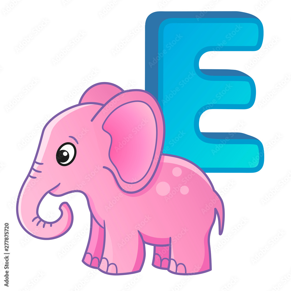 bright illustrations alphabet with capital letters of the English and cute cartoon animals and things. Poster for kindergarten and preschool. Cards for learning English. Letter E. Elephant