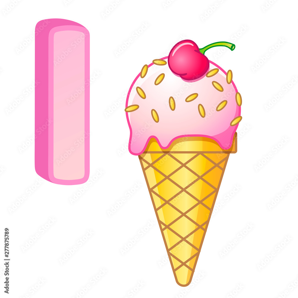  vivid alphabet with capital letters of the English alphabet and cute cartoon illustrations. Poster for kindergarten and preschool. Cards for learning English. Letter I. Ice cream