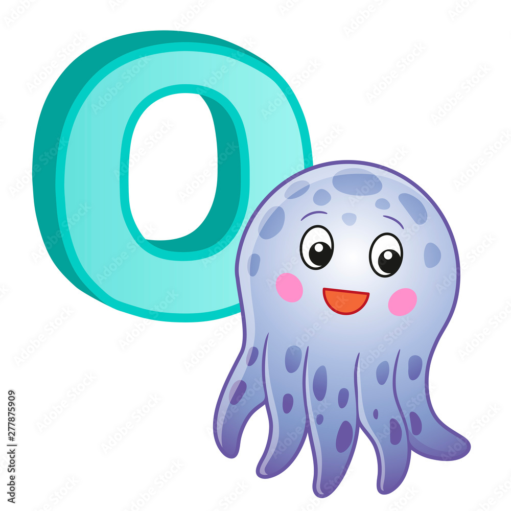 alphabet with capital letters of the English alphabet and cute cartoon  illustrations. Poster for kindergarten and preschool. Cards for learning  English. Letter O. Octopus Stock Illustration | Adobe Stock