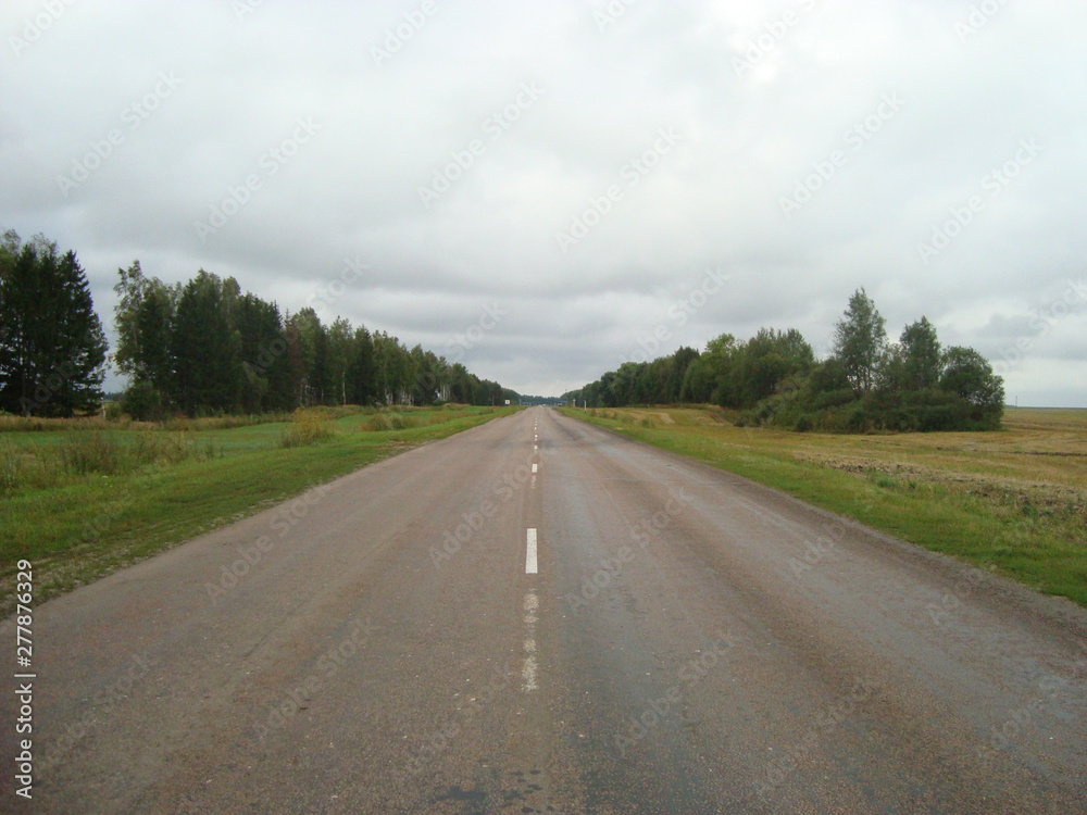 Fototapeta premium Direct asphalt road through the countryside under the sky, on which the clouds float.