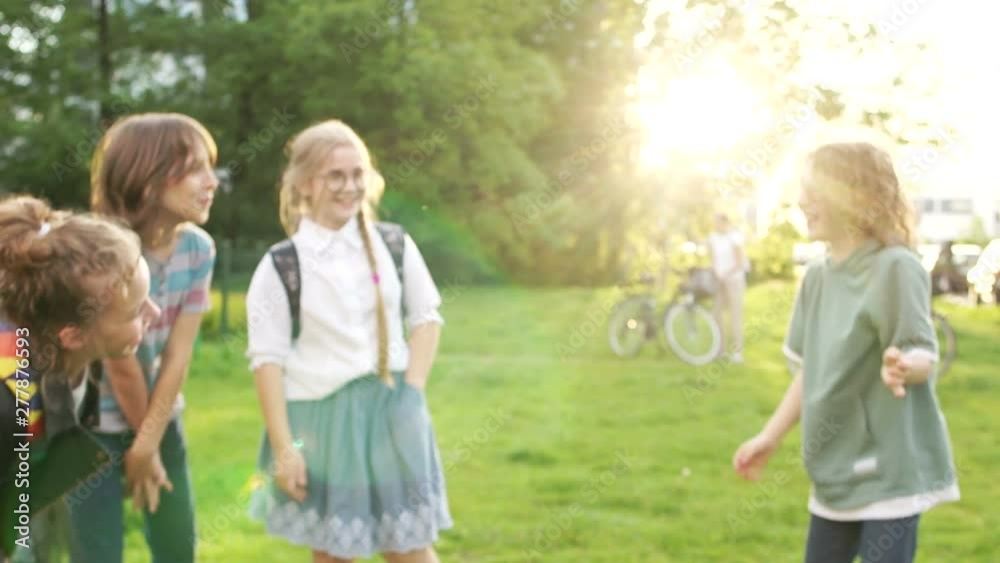 A group of schoolmates classmates having fun in the park. The boy does an acrobatic trick, a blurred video A group of schoolmates classmates having fun in the park. The boy does an acrobatic trick, a blurred video