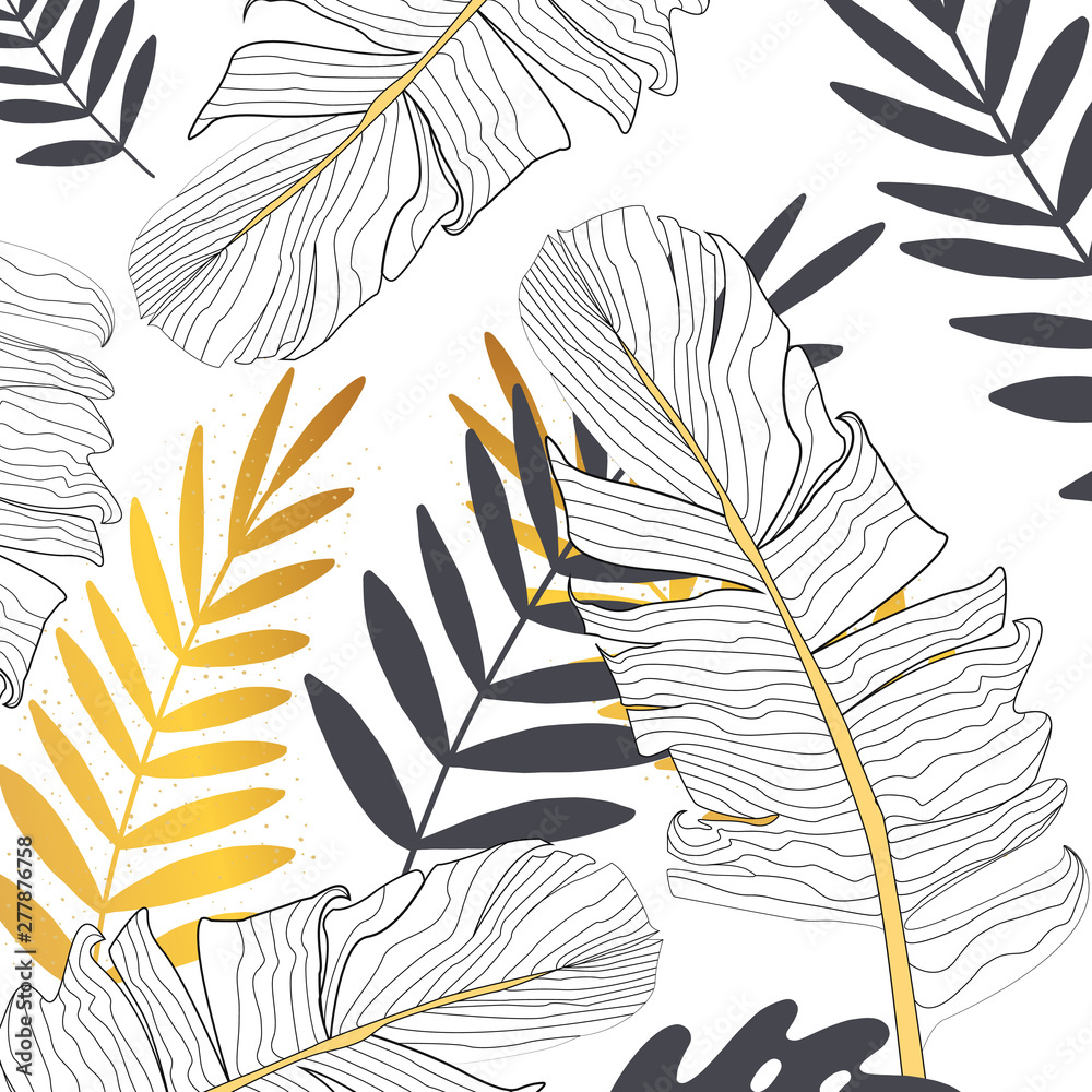Fototapeta Seamless pattern with banana and golden palm leaves in vector