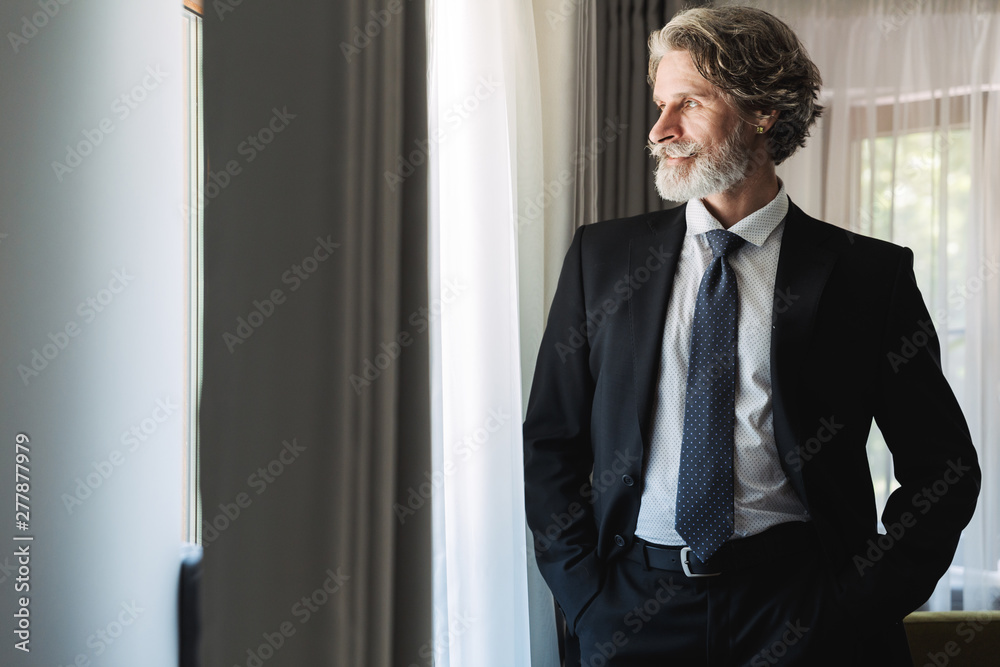 Bearded mature handsome grey-haired businessman posing indoors at home near window dressed in formal clothes.