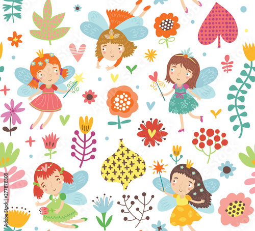 Seamless pattern with cute fairies