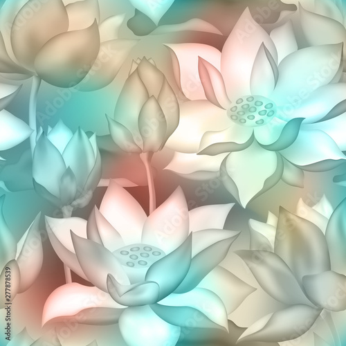 Lotus buds and flowers seamless wallpaper., Water lilly nelumbo aquatic plant packaging design.