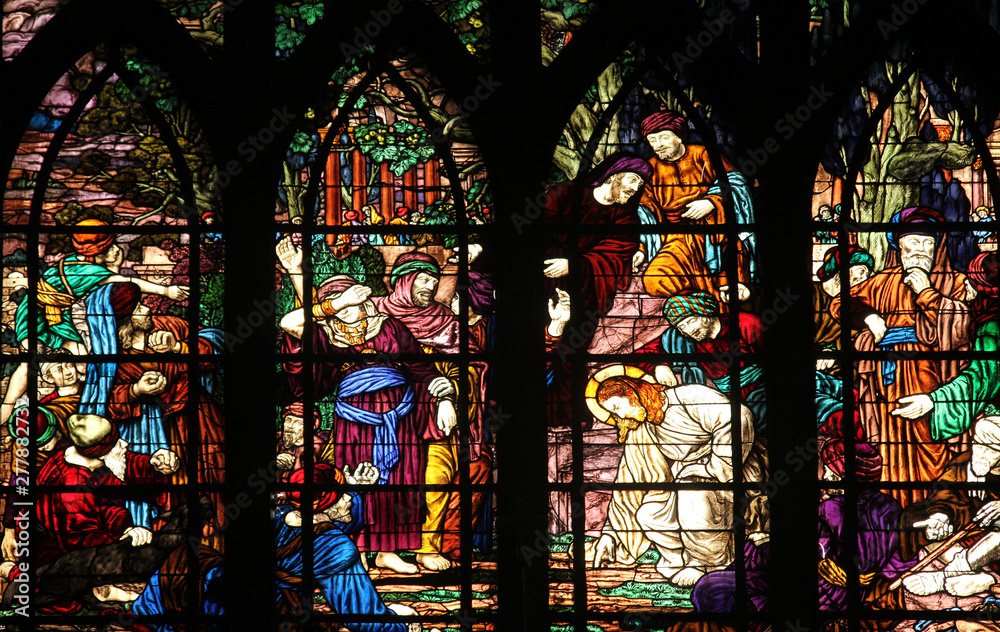 Christ and the adulteress, stained glass, Saint-Jean de Montmartre church, Paris