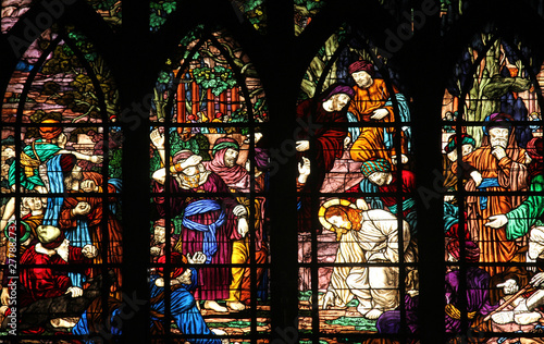 Christ and the adulteress, stained glass, Saint-Jean de Montmartre church, Paris