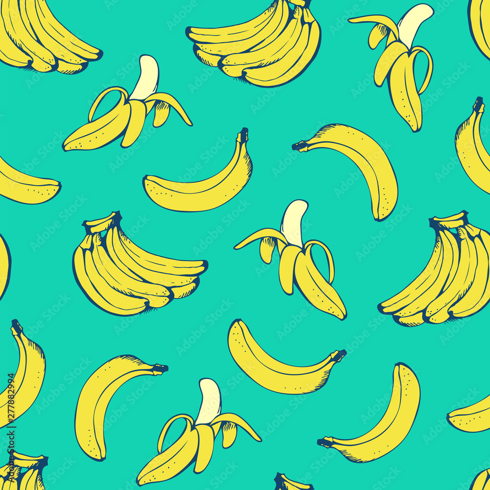 Banana seamless pattern, vector background with yellow bananas for Hawaiian shirt