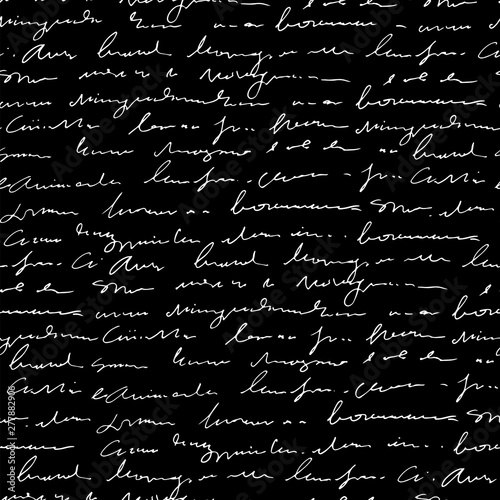 Handwritten abstract text seamless pattern, blackboard, vector black and white script background