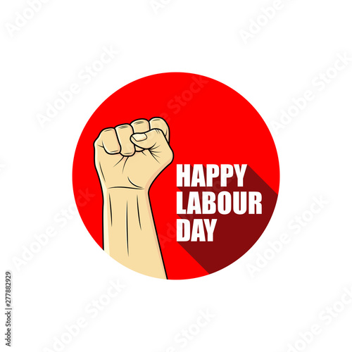 Happy labour day vector label with strong fist hand