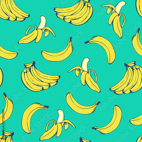 Banana seamless pattern, vector background with yellow bananas for Hawaiian shirt