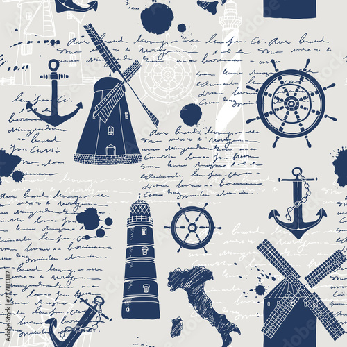 Vector abstract seamless pattern,  theme of travel and adventure, old manuscript, text, lighthouses, wind mills, ship wheels, anchors and other nautical symbols, vintage background