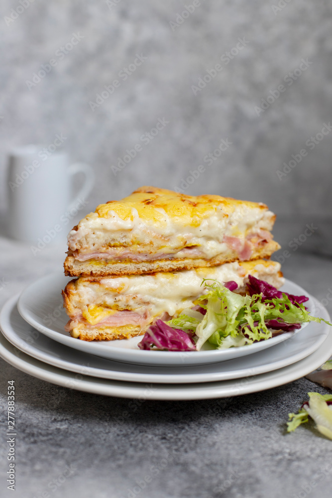 Sandwich with ham, cheese and bechamel sauce. A traditional french croque-monsieur sandwich served on a white plate. Gray background. Close-up. Front view. Space for text Sandwich with ham, cheese and bechamel sauce. A traditional french croque-monsieur sandwich served on a white plate. Gray background. Close-up. Front view. Space for text