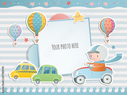 Holiday card design with A boy driving a car. Baby shower. Paper, scrapbook.