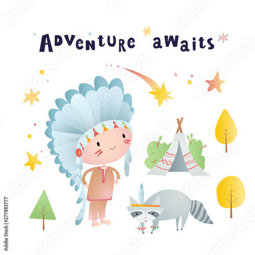 Holiday card design with: an, a wigwam, trees. Time to have an adventure.