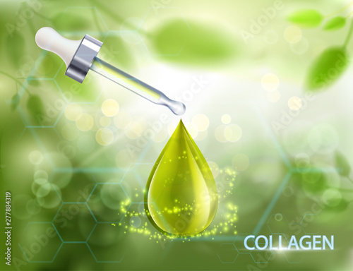 Pipette with hyaluronic acid on a green natural background