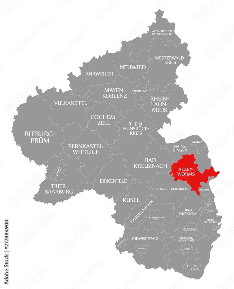 Alzey Worms red highlighted in map of Rhineland Palatinate DE