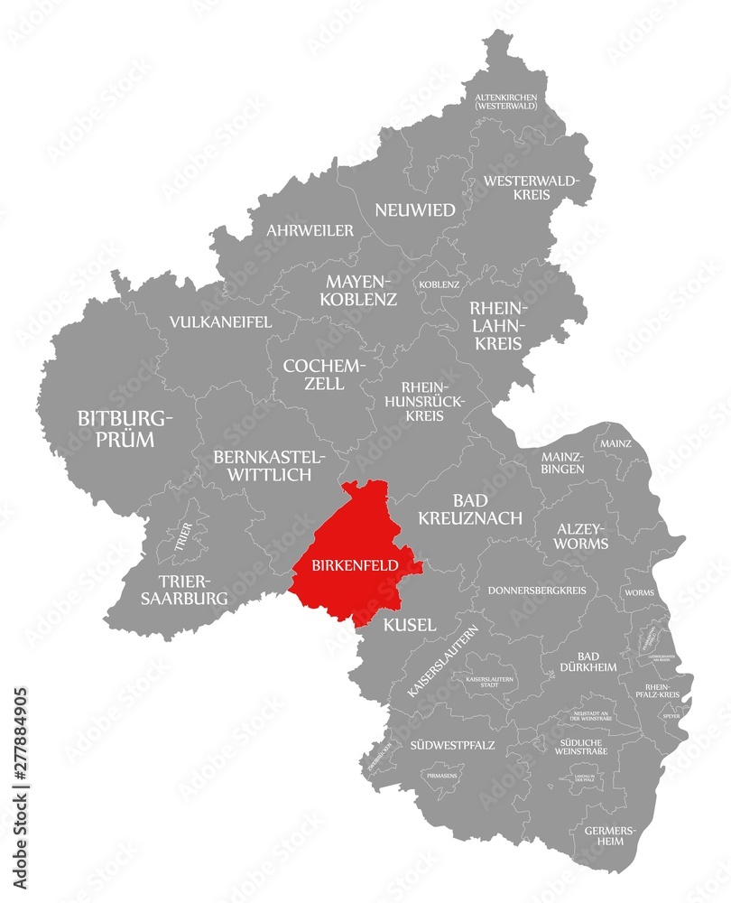 Birkenfeld red highlighted in map of Rhineland Palatinate DE