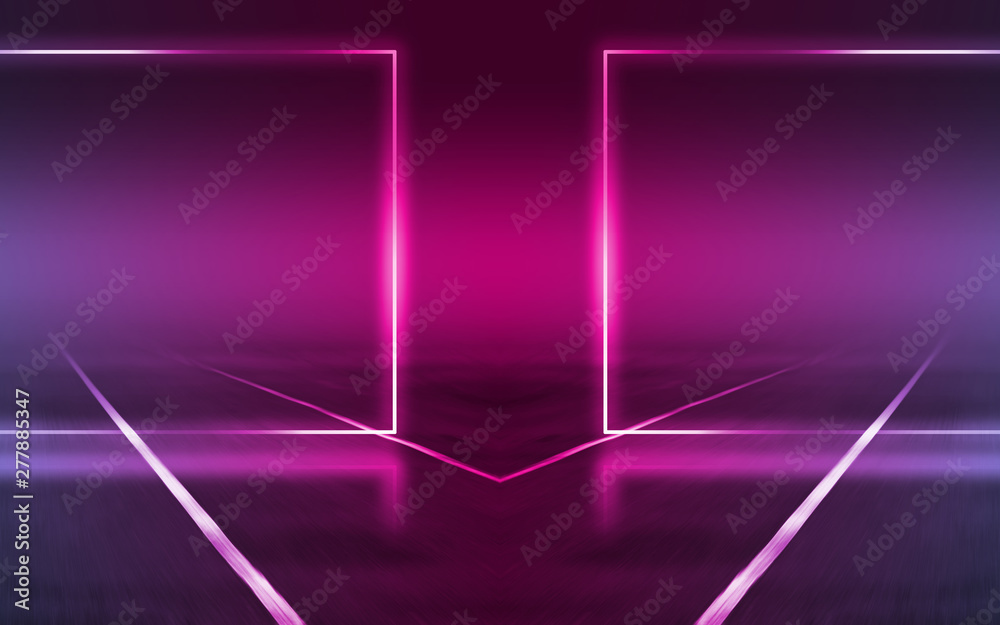 Empty background scene. Dark street reflection on wet asphalt. Rays of neon light in the dark, neon figures, smoke. Background of empty stage show. Abstract dark background.