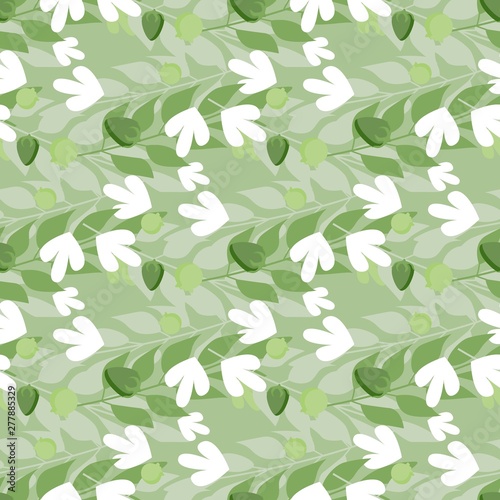 Summer herbal leaves seamless pattern on green background.