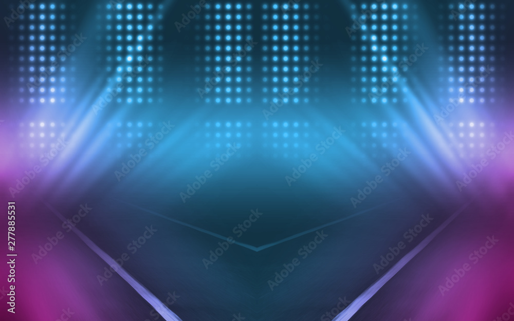 Empty background scene. Dark street reflection on wet asphalt. Rays of neon light in the dark, neon figures, smoke. Background of empty stage show. Abstract dark background. Empty background scene. Dark street reflection on wet asphalt. Rays of neon light in the dark, neon figures, smoke. Background of empty stage show. Abstract dark background.