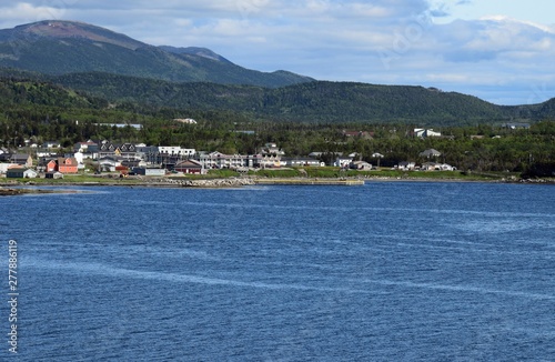 view across the bay towards the town of Rocky Harbour, scenery along the Viking Trail in the Gros Morne National Park, Newfoundland and Labrador, Canada