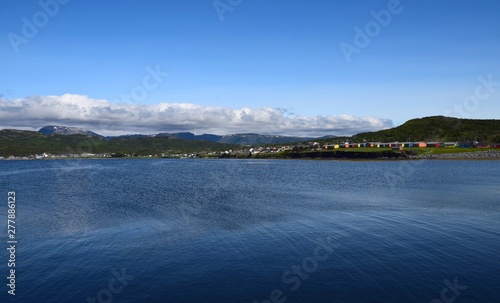 view across the bay towards the town of Rocky Harbour  scenery along the Viking Trail in the Gros Morne National Park  Newfoundland and Labrador  Canada