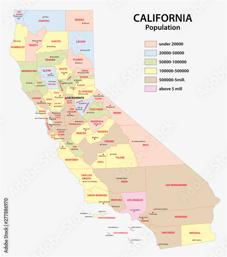 administrative county map of the federal state of california by population density