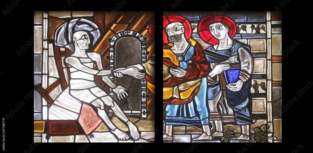 Scenes from the life of St. Peter, stained glass window in the parish church of St. Peter and Paul in Oberstaufen, Germany