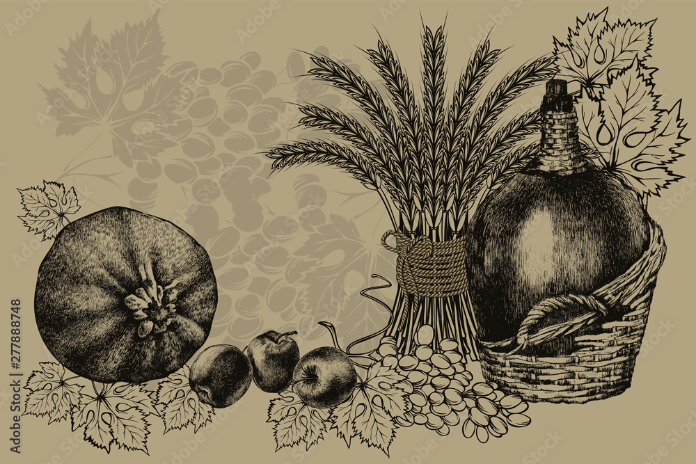 custom made wallpaper toronto digitalBio food. Harvest, fresh farm vegetables, fruits and ears of wheat. Wine and grapes. Vector illustration.