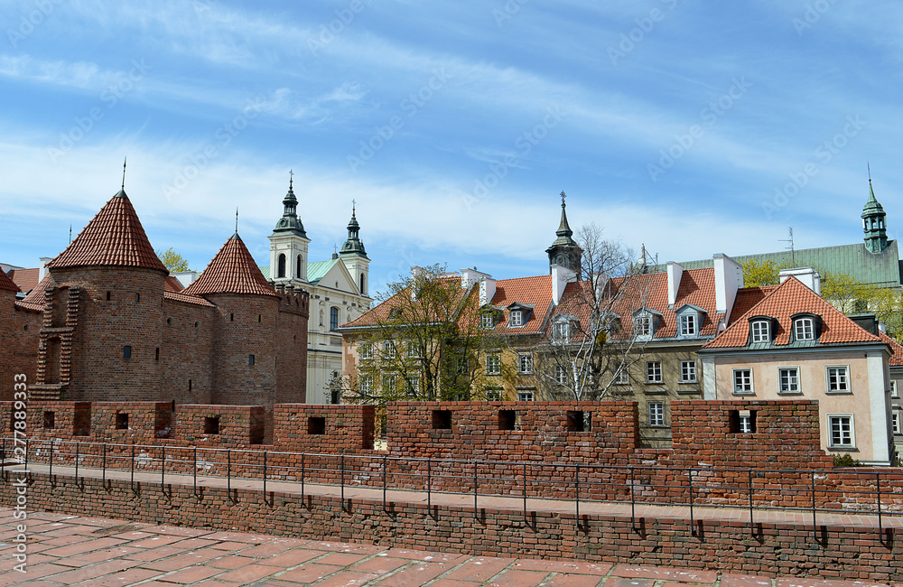 View from city walls, Old Town, Warsaw, of Barbican and Church of the Holy Spirit