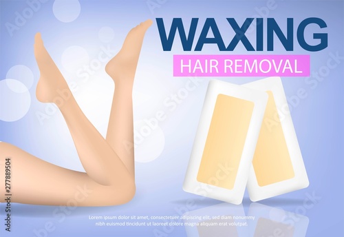 Colored and realistic banner with depilation by wax epilation. Hair removal on the body. Composition with woman figure with beautiful legs and tools for depilation.