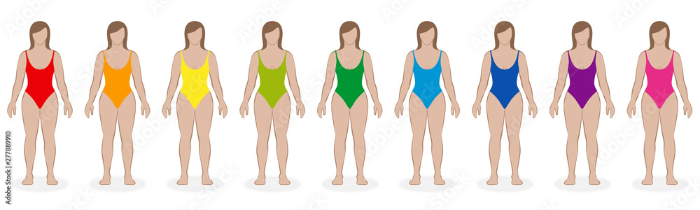One piece swimsuits. Rainbow colored collection of beachwear for nine women - red, orange, yellow, green, blue, purple, pink. Isolated vector illustration on white background. One piece swimsuits. Rainbow colored collection of beachwear for nine women - red, orange, yellow, green, blue, purple, pink. Isolated vector illustration on white background.